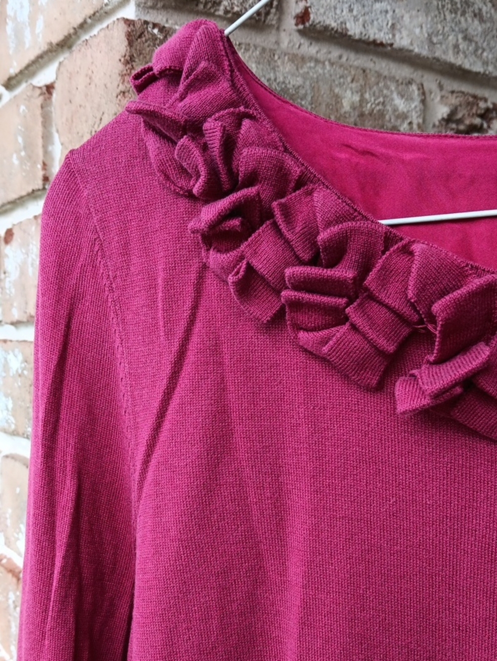 Talbots Deep Raspberry Ruffle-Neck Long Sleeve Tee - Picture 3 of 6